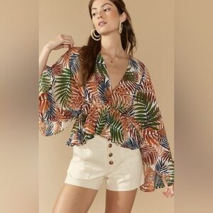 Miami Multicolor Leaf Pattern V-Neck Blouse